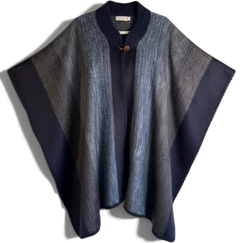 Handmade Striped Poncho Wrap Knit Collar Gray Black One Size Lagenlook Boho